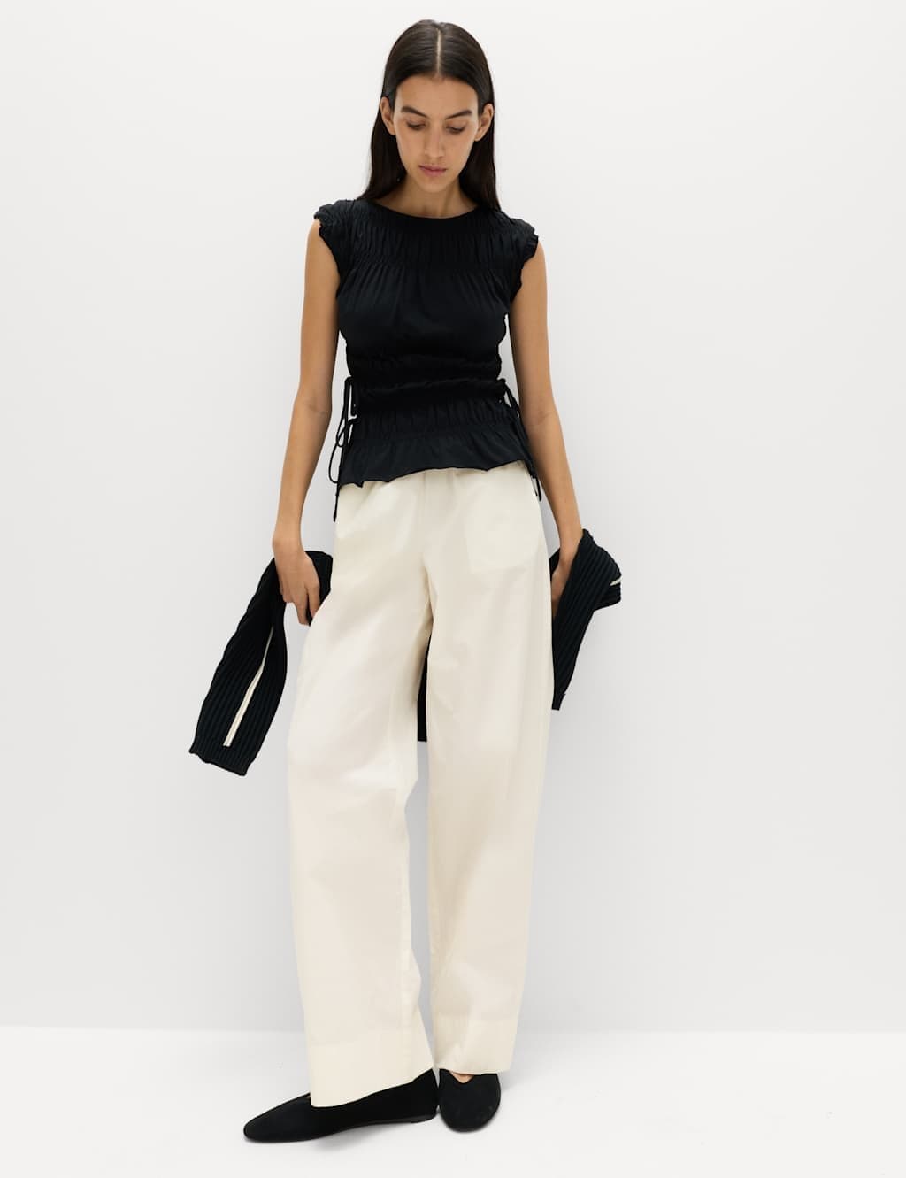 Marks & Spencer M&S Pure Cotton Poplin Pull On Straight Leg Trousers Ecru