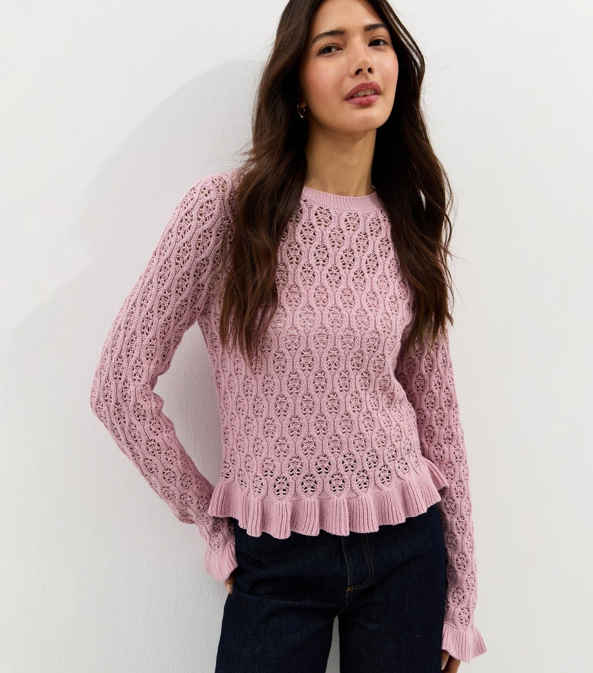 New Look Women's Pink Cotton Rich Pointelle Frill Trim Jumper New Look