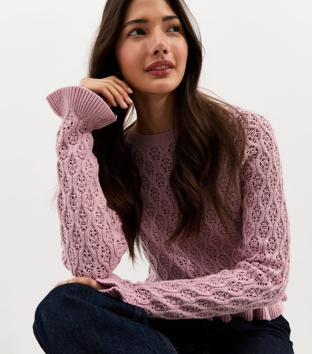 New Look Women's Pink Cotton Rich Pointelle Frill Trim Jumper New Look - 2