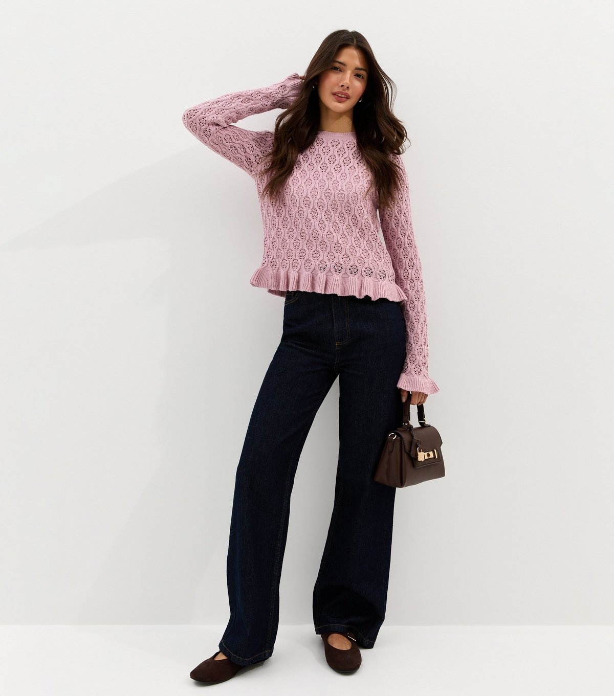 New Look Women's Pink Cotton Rich Pointelle Frill Trim Jumper New Look - 3