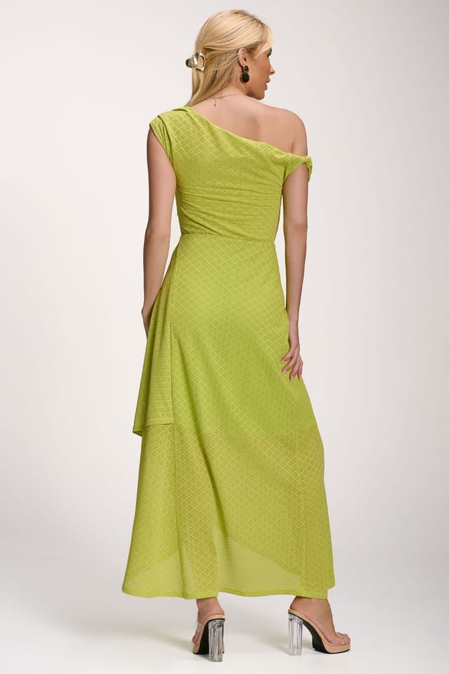 Jolie Moi Jolie Moi Women's Textured Asymmetric One Shoulder Maxi Dress in Lime - 2