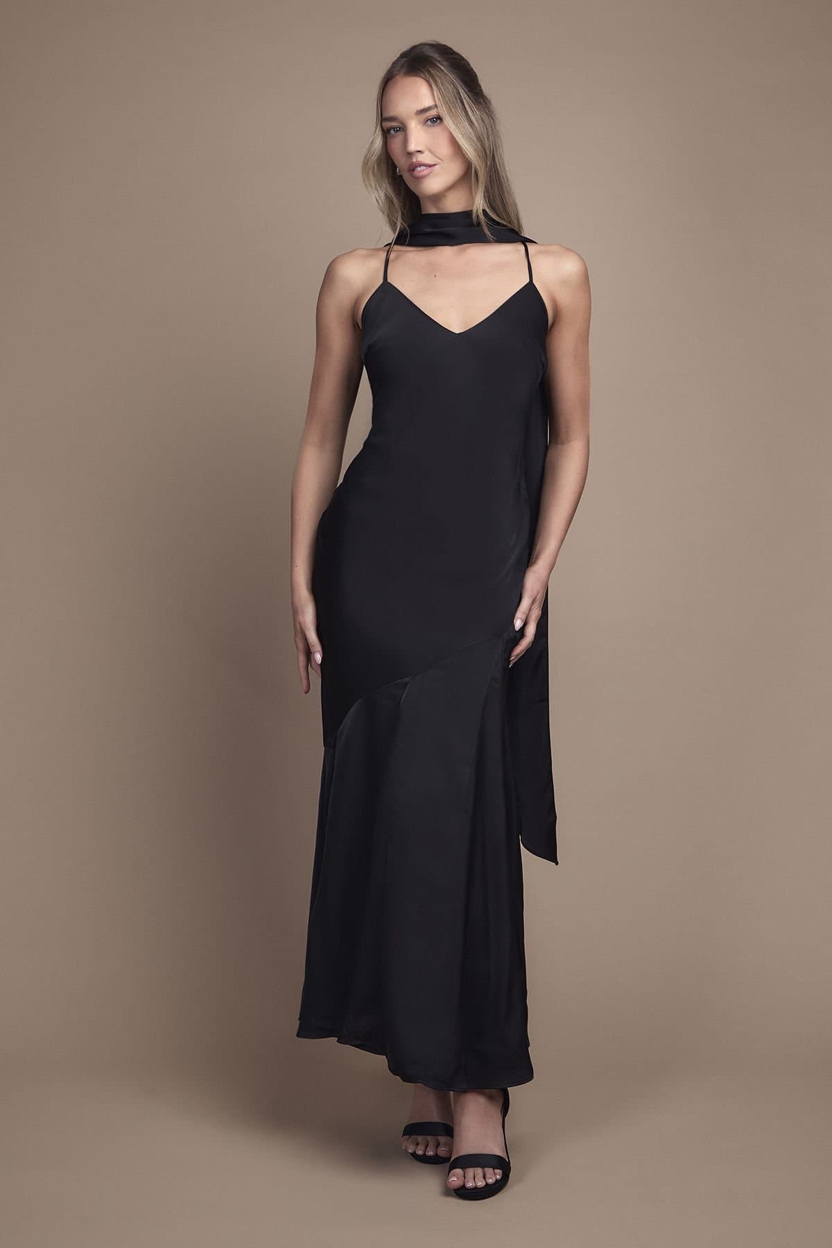 Oasis Oasis Black Satin Strappy Maxi Bridesmaid Dress