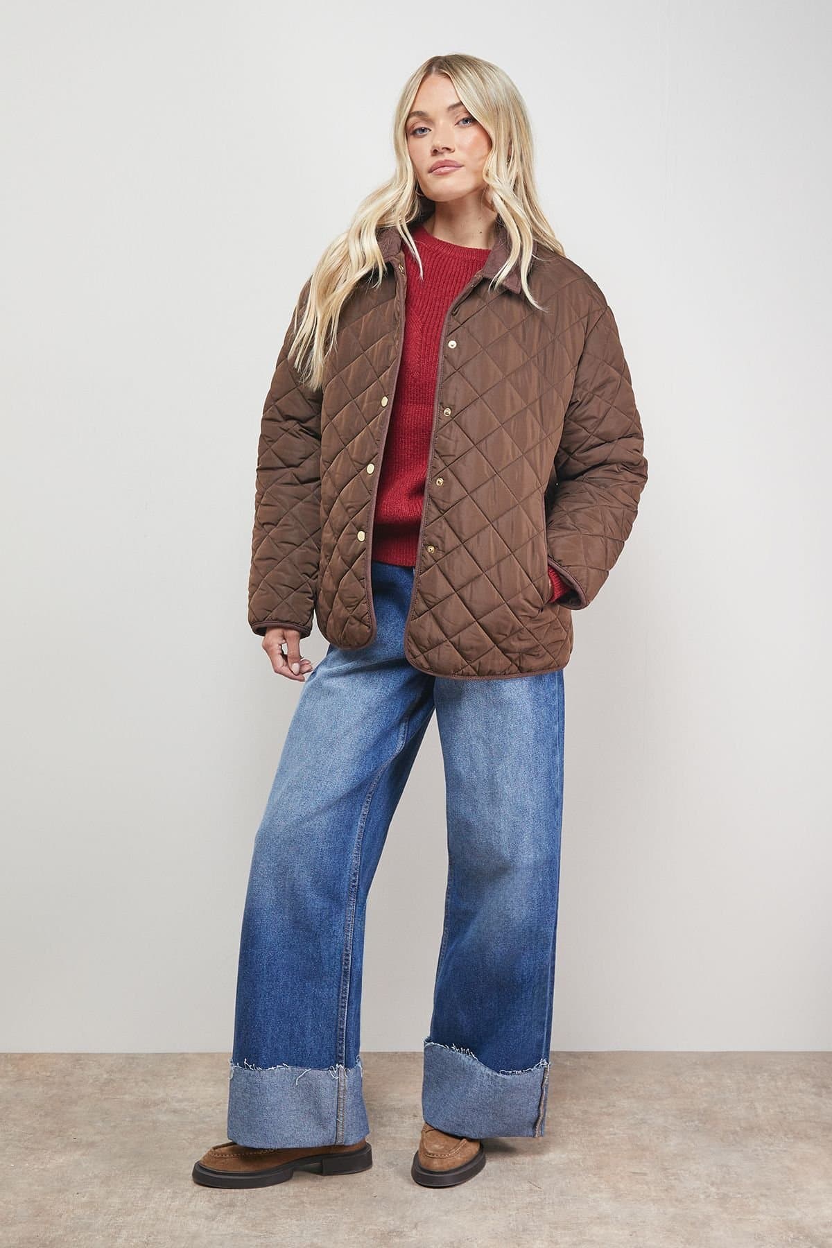 Oasis Oasis Women's Padded Cord Collar Jacket in Choc Brown