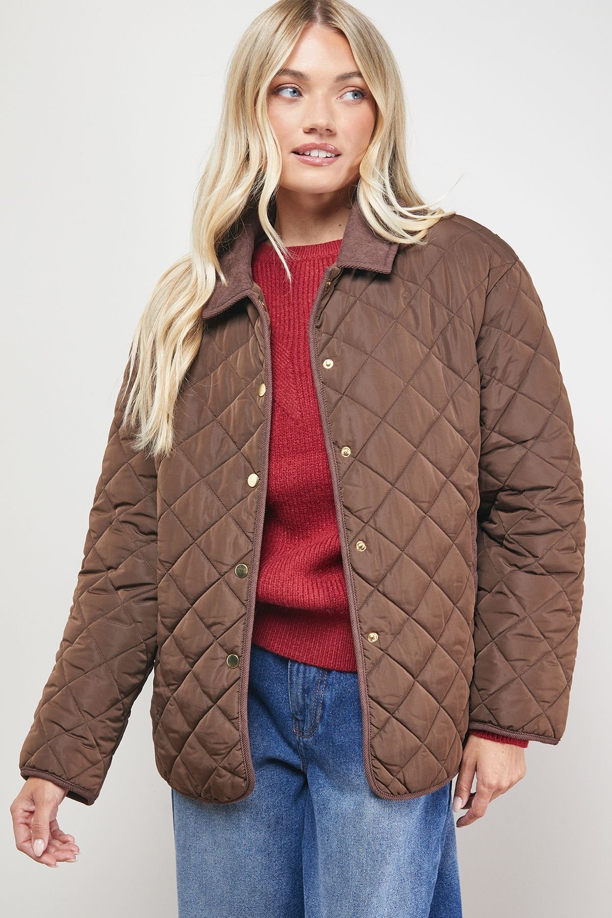 Oasis Oasis Women's Padded Cord Collar Jacket in Choc Brown - 3