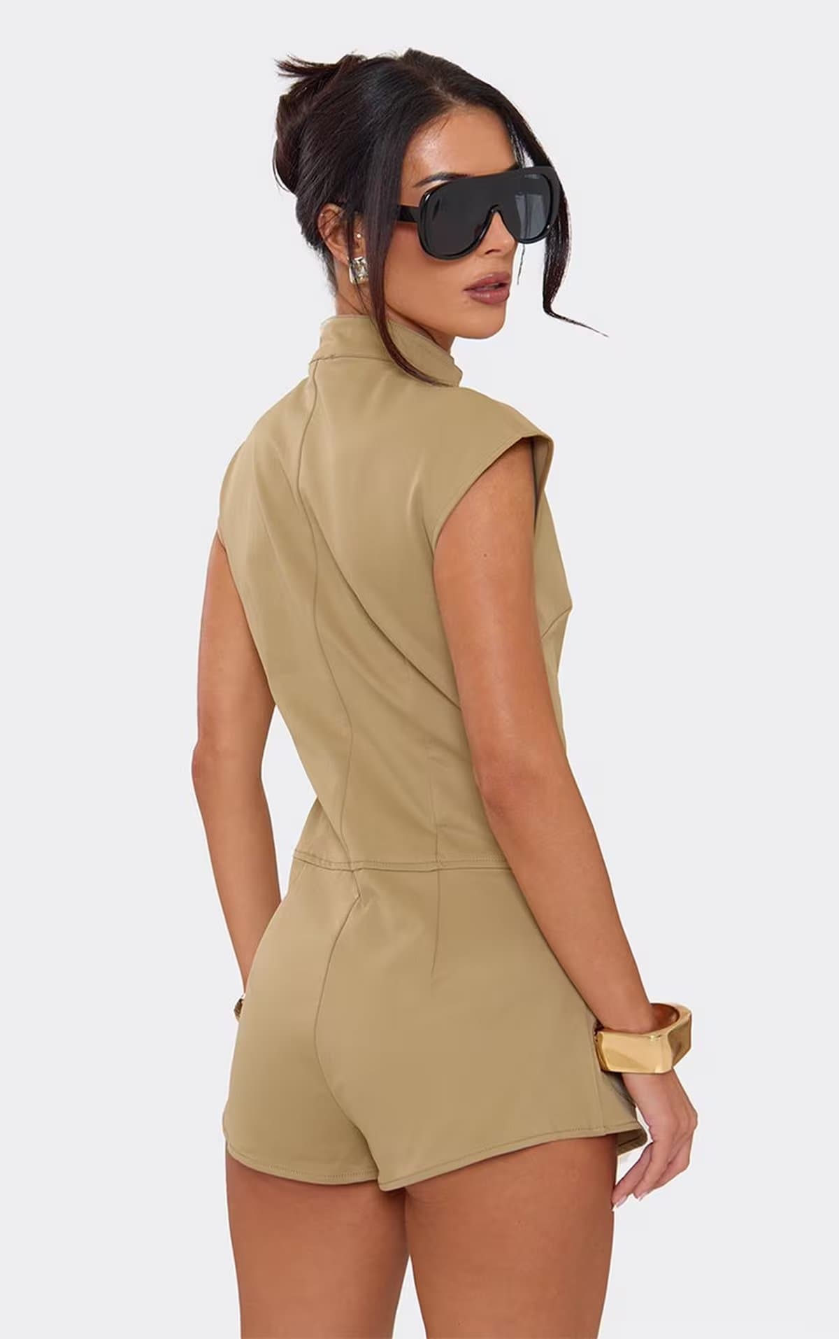 EGO Sleeveless Zip Up Detail Utility Playsuit In Khaki, Women's Size UK 6