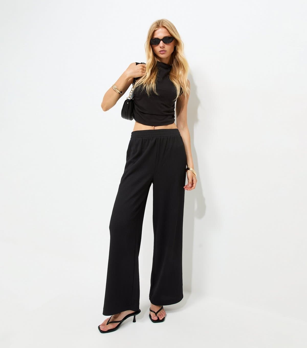 New Look Women's Black Crinkled Jersey Wide Leg Trousers New Look
