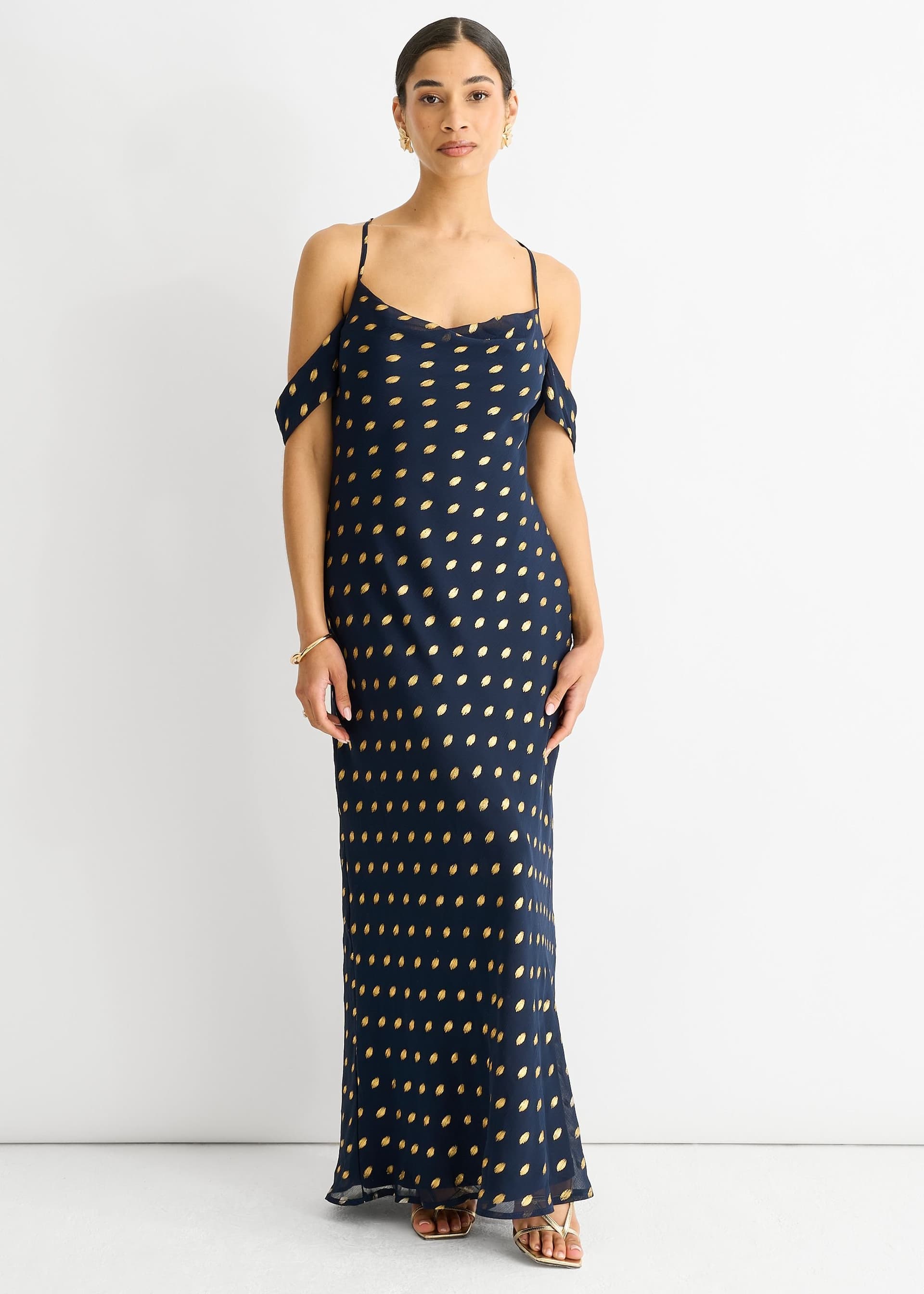 Gini London Gini London Women's Navy Cowl Neck Drop Sleeves Foil Maxi Dress