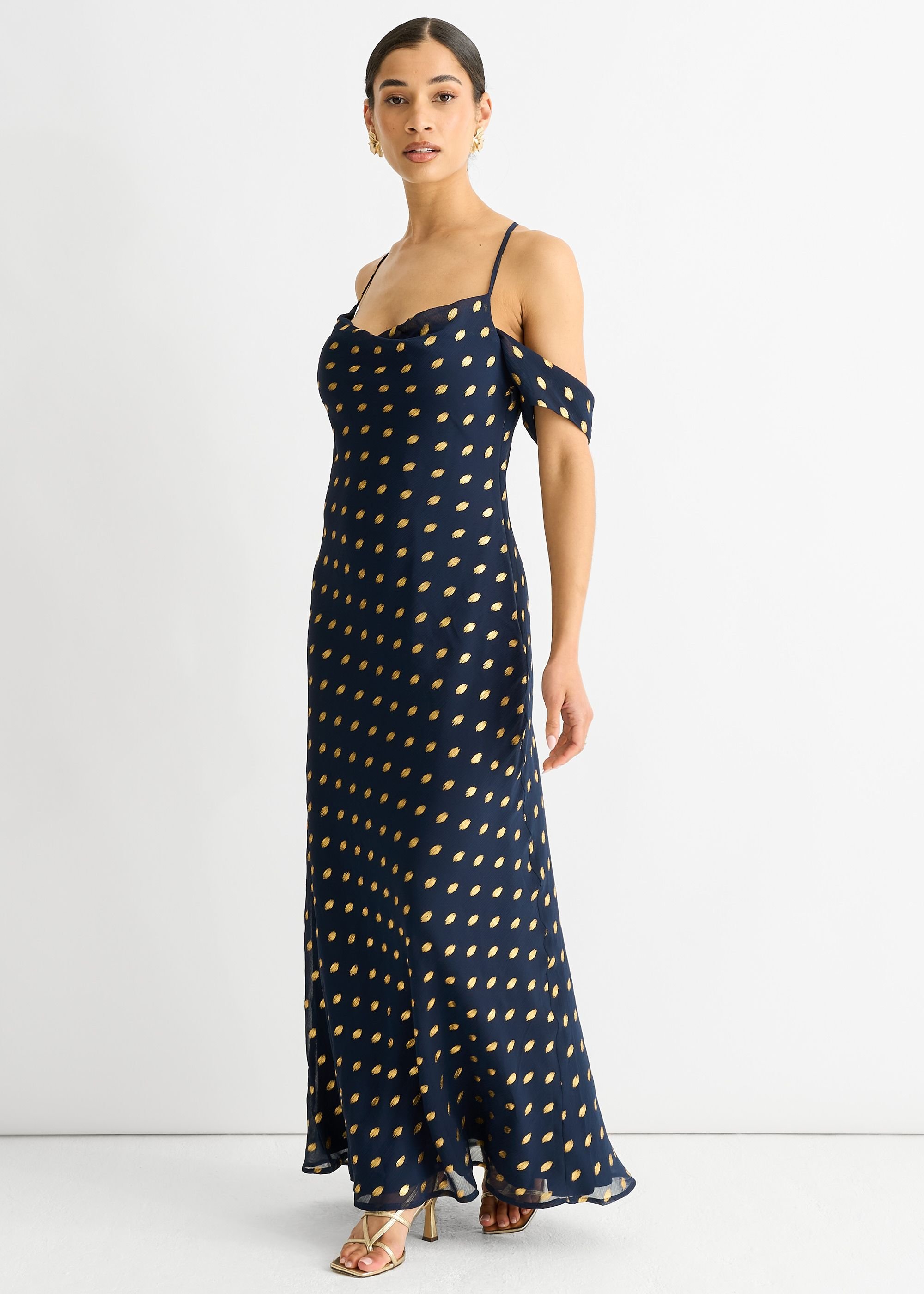 Gini London Gini London Women's Navy Cowl Neck Drop Sleeves Foil Maxi Dress - 3