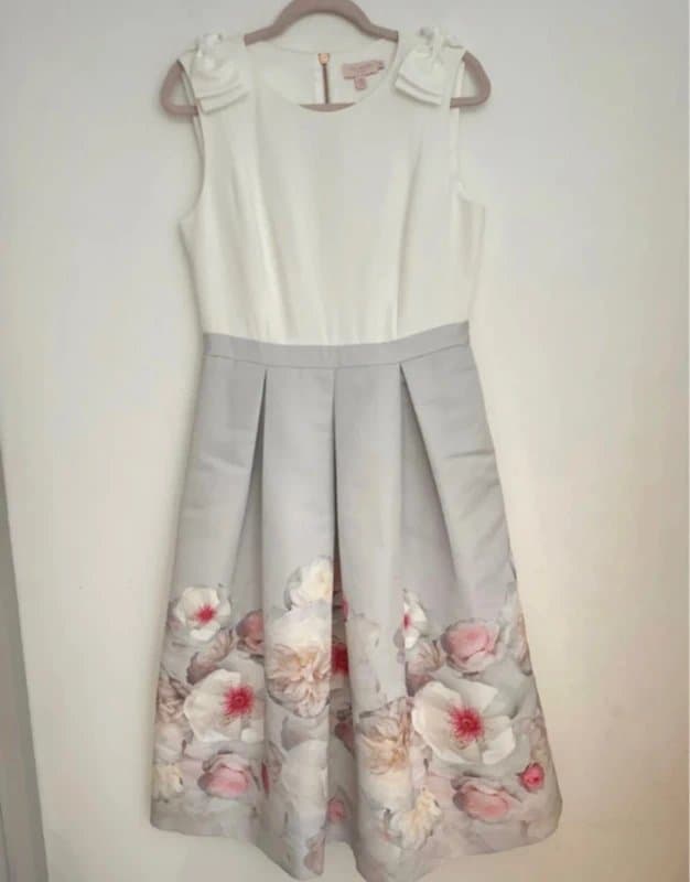 Ted Baker Ted baker white grey floral midi Gilith dress size 3 uk 12