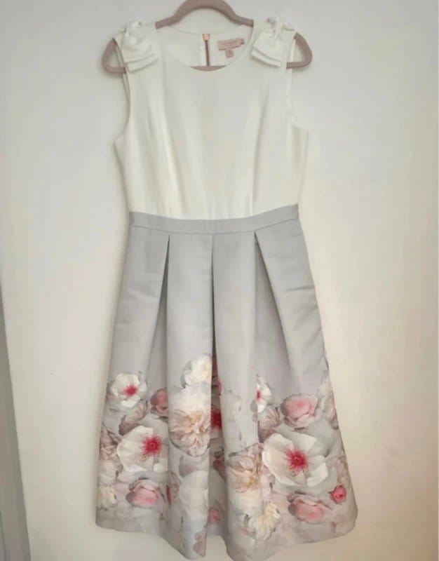 Ted baker white grey floral midi Gilith dress size 3 uk 12