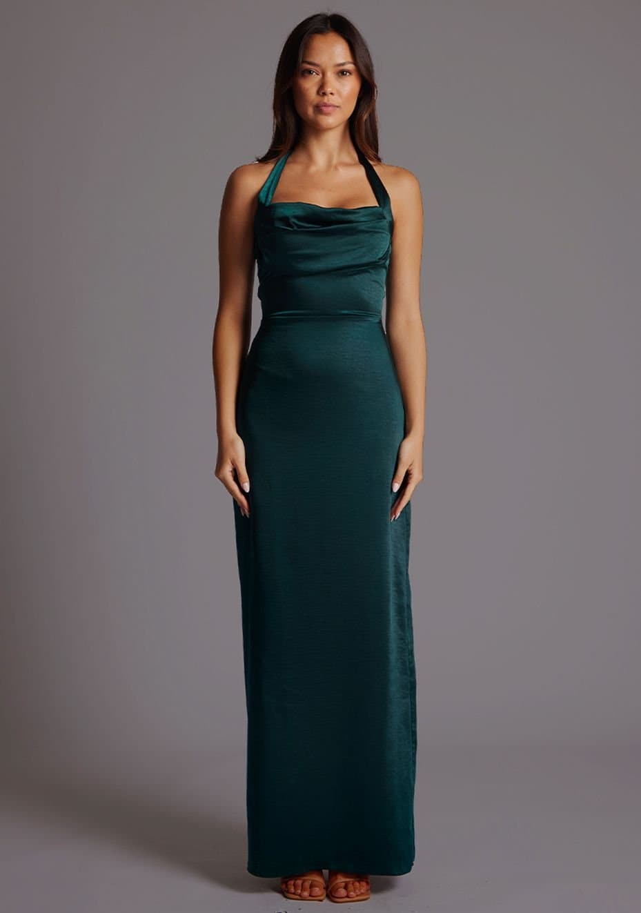 Vesper Vesper Women's Draped Bust Satin Halterneck Maxi Dress in Dark Green