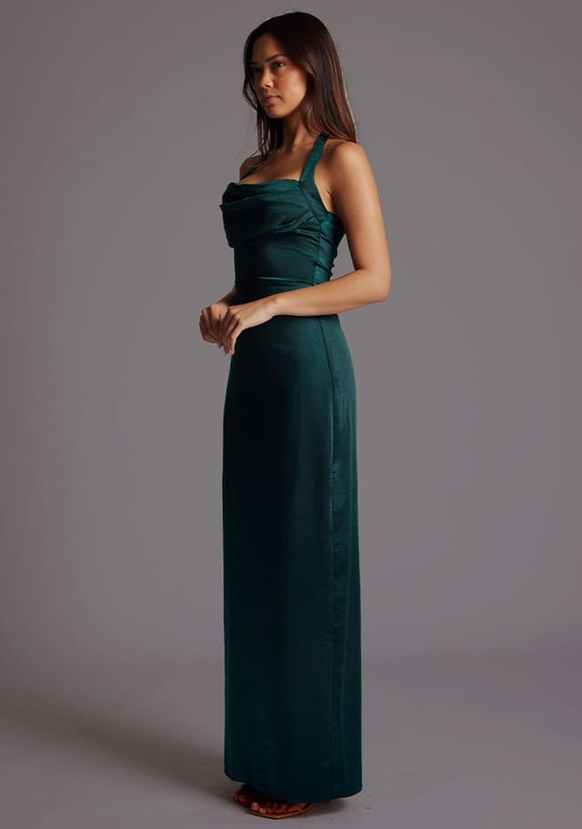 Vesper Vesper Women's Draped Bust Satin Halterneck Maxi Dress in Dark Green - 2