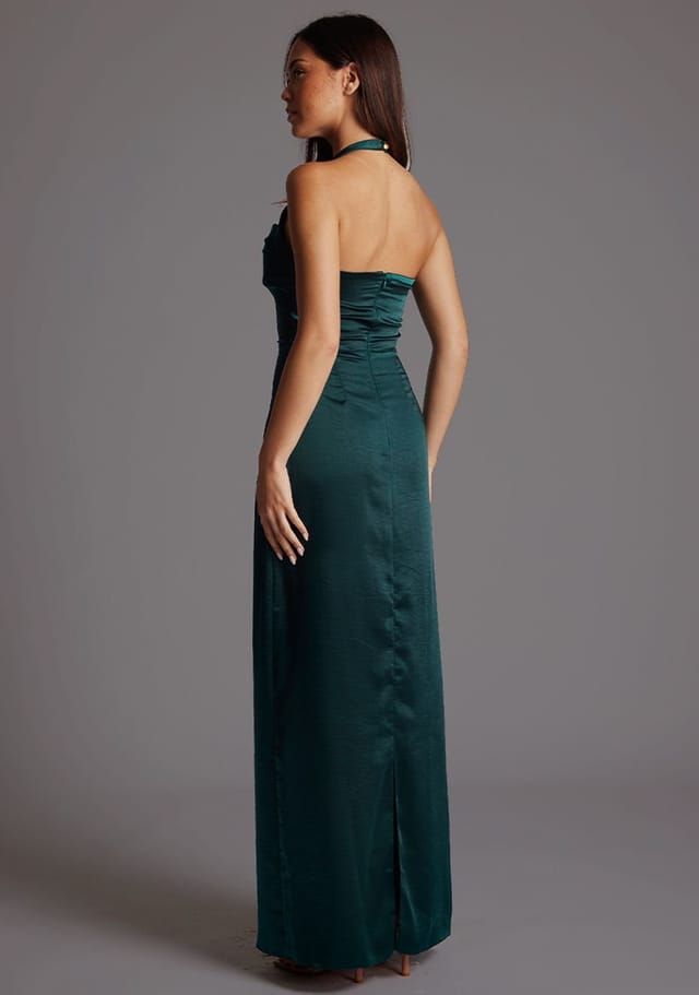 Vesper Vesper Women's Draped Bust Satin Halterneck Maxi Dress in Dark Green - 3