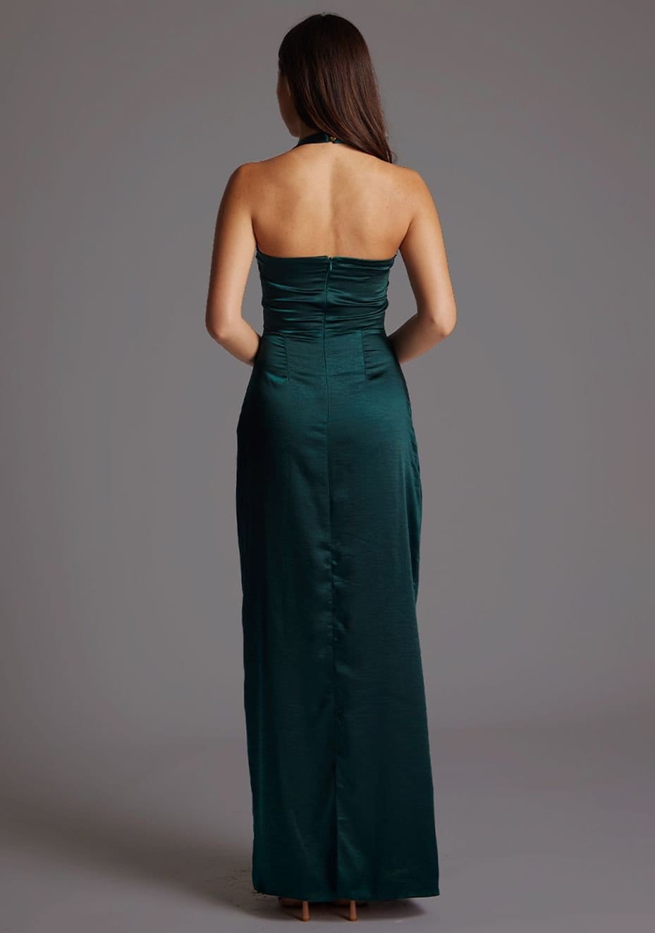 Vesper Vesper Women's Draped Bust Satin Halterneck Maxi Dress in Dark Green - 4