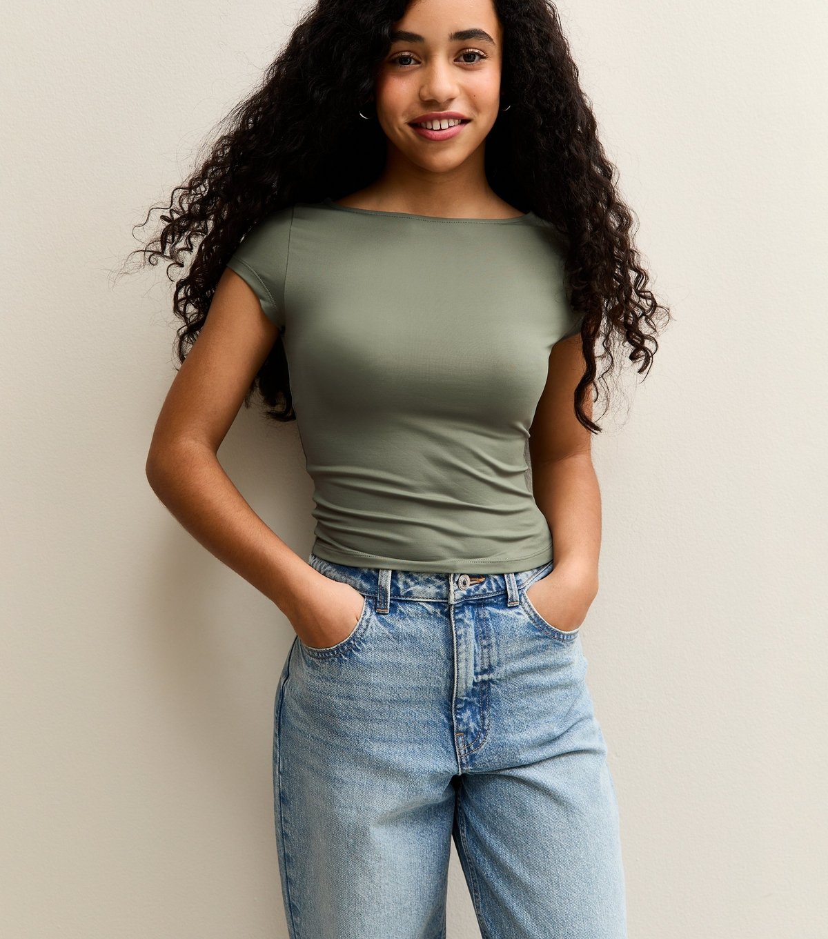 New Look Girls' Dark Khaki Slash Neck Slinky T-Shirt New Look - 2