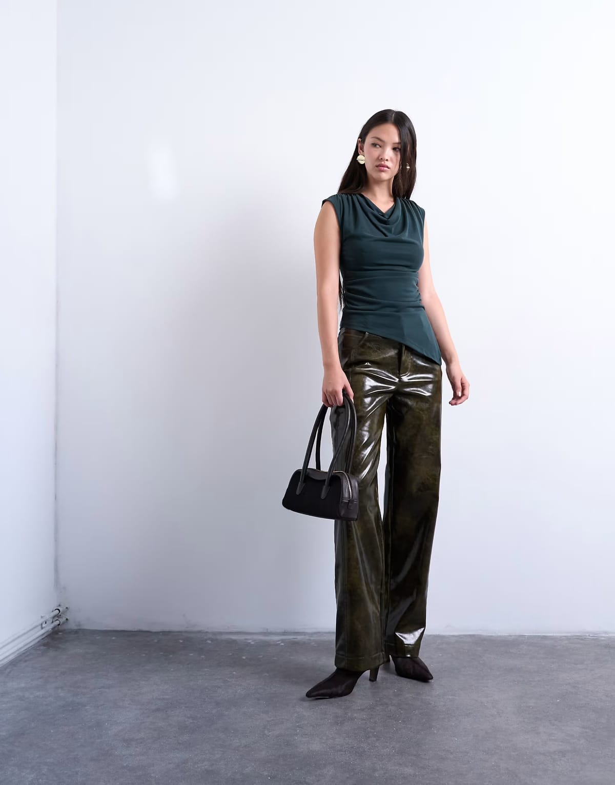 ASOS Topshop faux leather high shine scoop pocket wide leg trouser in washed green - 1