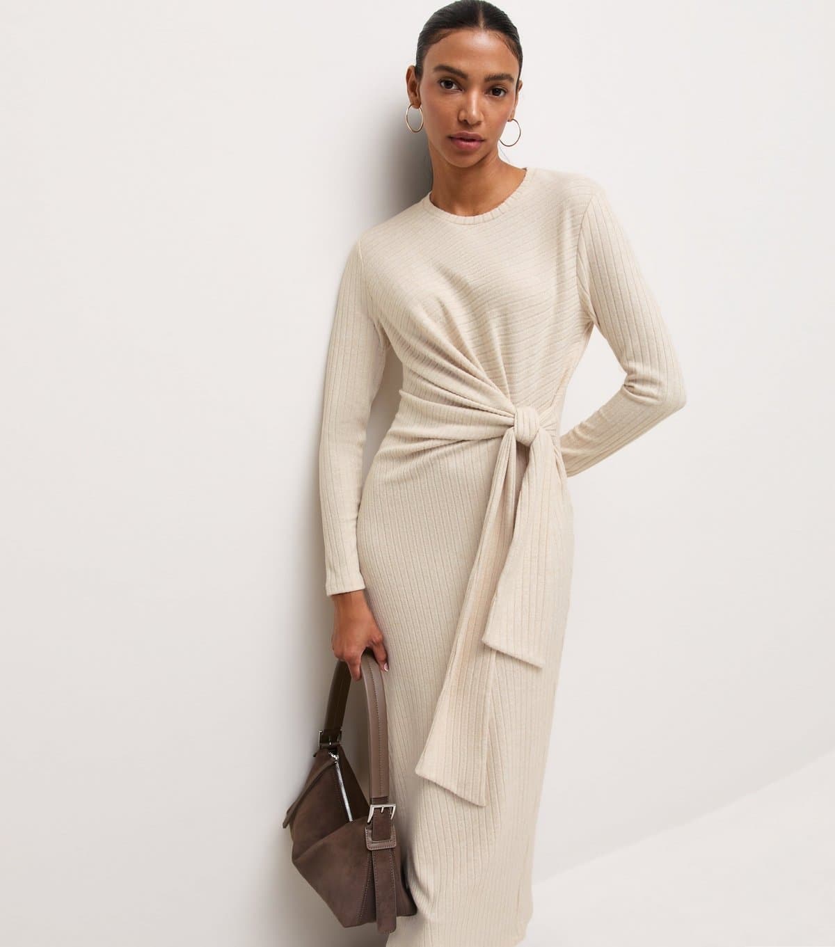 New Look Women's Oatmeal Ribbed Tie Front Long Sleeve Midi Dress New Look