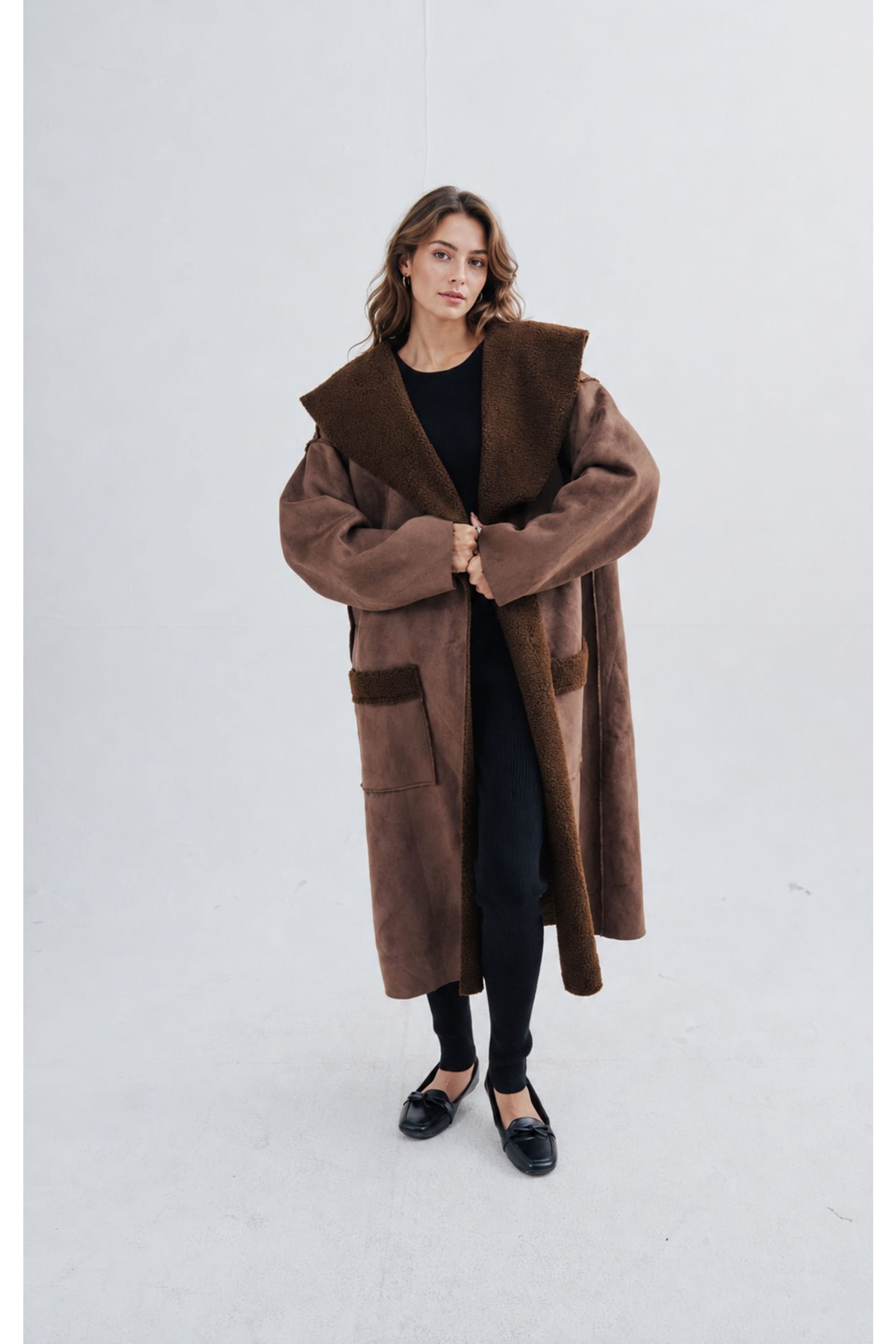 Zafosh Brown Suede Overcoat with Faux Shearling Lining