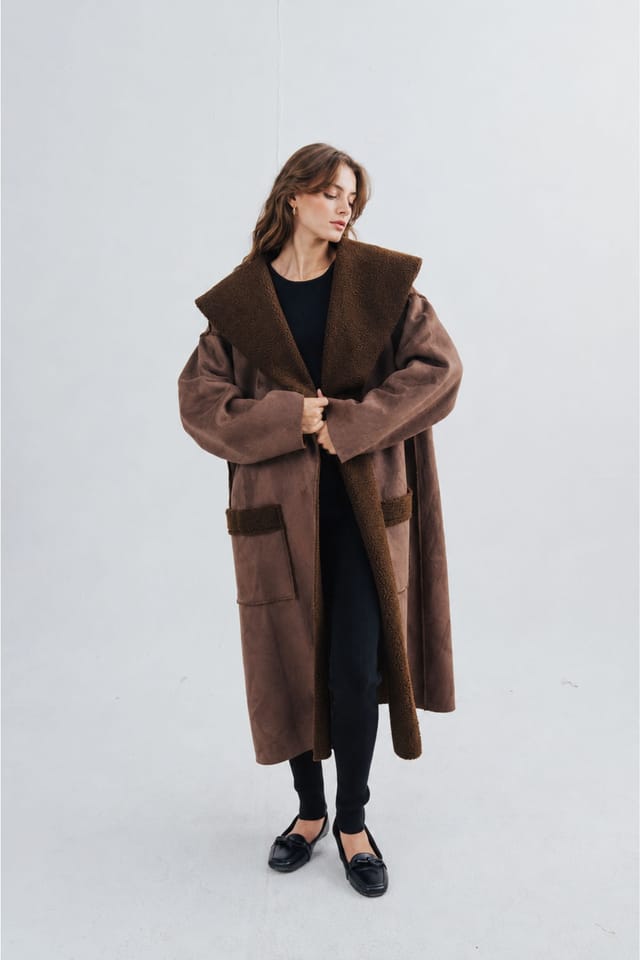 Zafosh Zafosh Women's Relaxed Fit Suede Inside Fur Shearling Over coat in Brown - 2