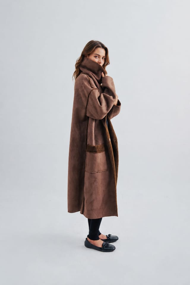 Zafosh Zafosh Women's Relaxed Fit Suede Inside Fur Shearling Over coat in Brown - 3