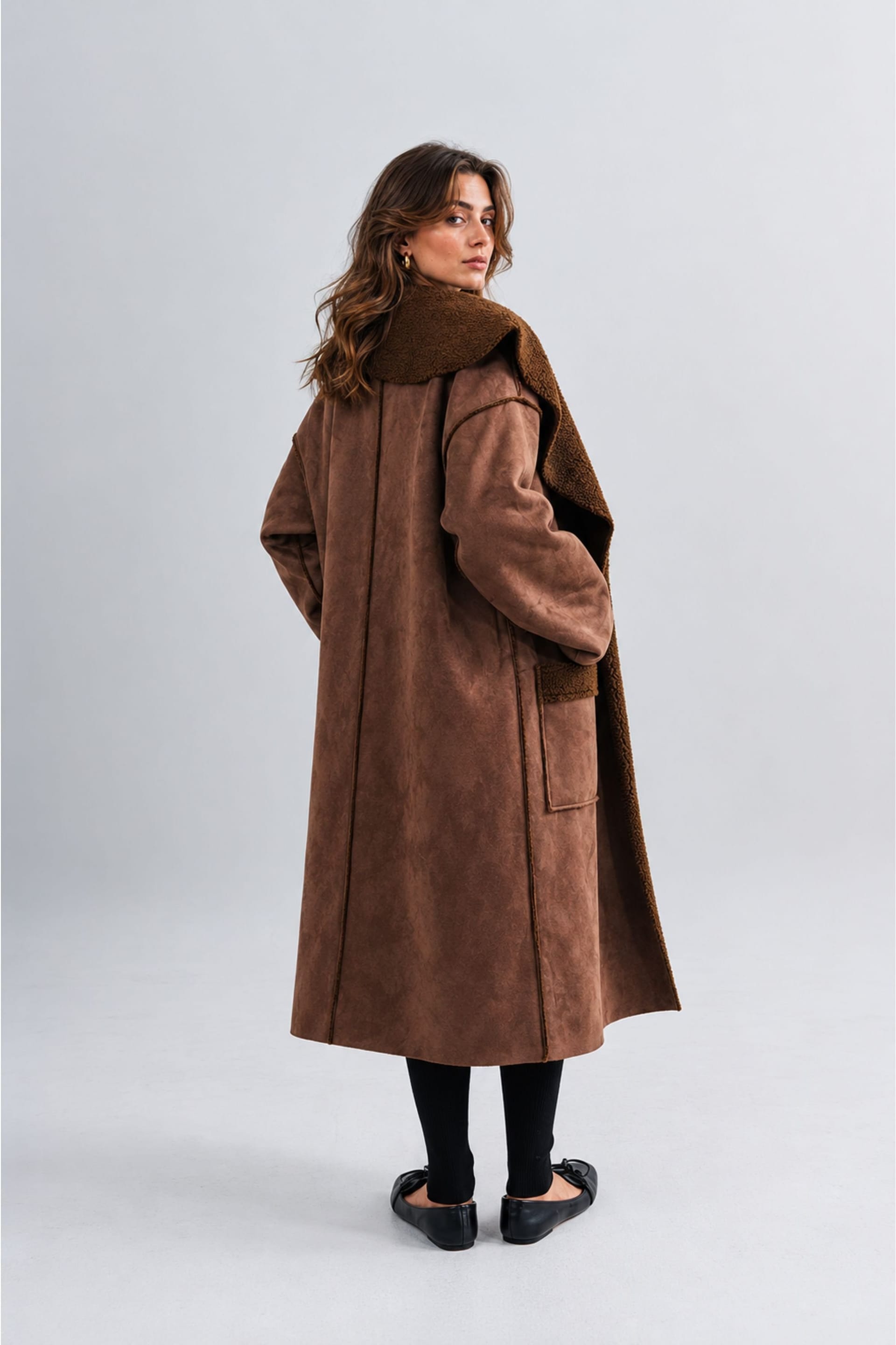 Zafosh Zafosh Women's Relaxed Fit Suede Inside Fur Shearling Over coat in Brown - 4