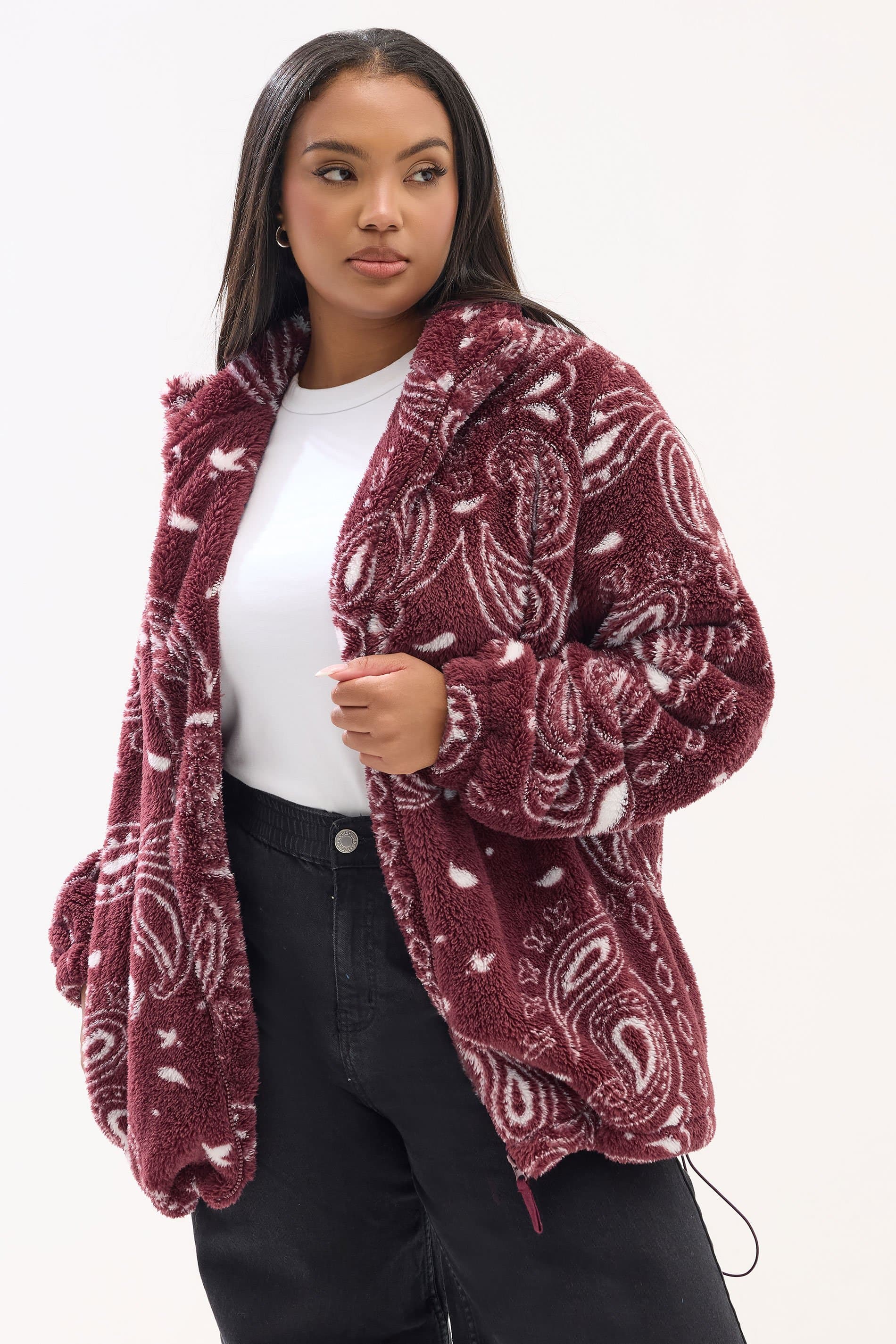 Yours Plus Size Burgundy Red Paisley Print Fleece Jacket