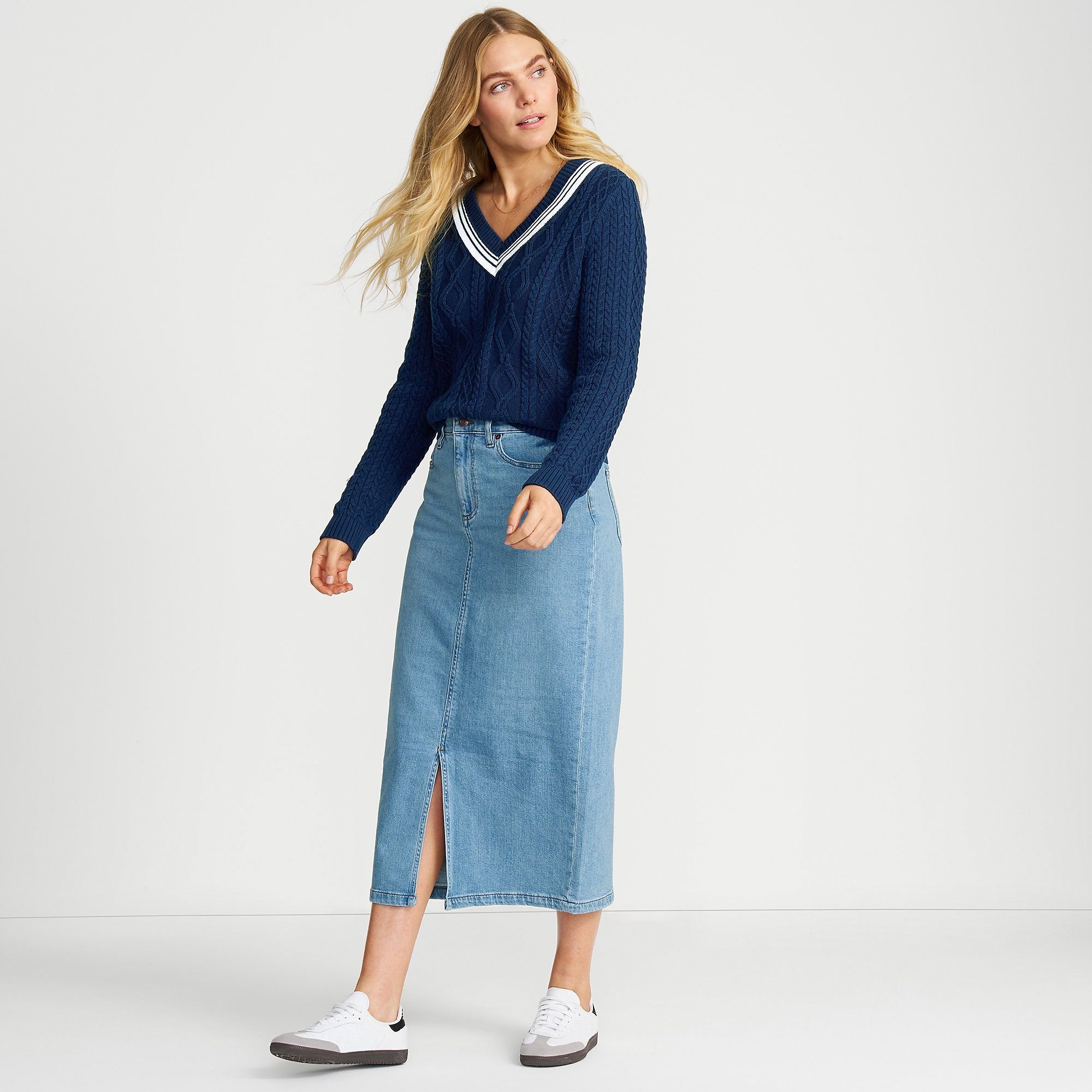 lands end Lands' End Women's Soft Denim Midi Skirt in Indigo - 2