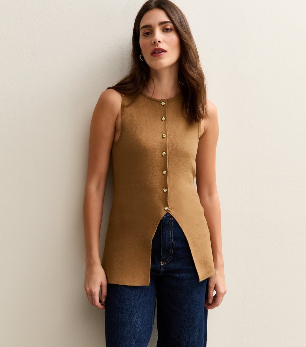 New Look Women's Camel Compact Knit Button Front Waistcoat New Look