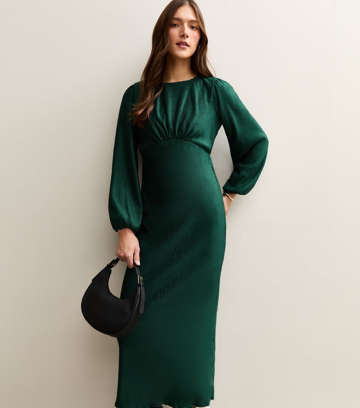 New Look Women's Dark Green Plisse Midi Dress New Look