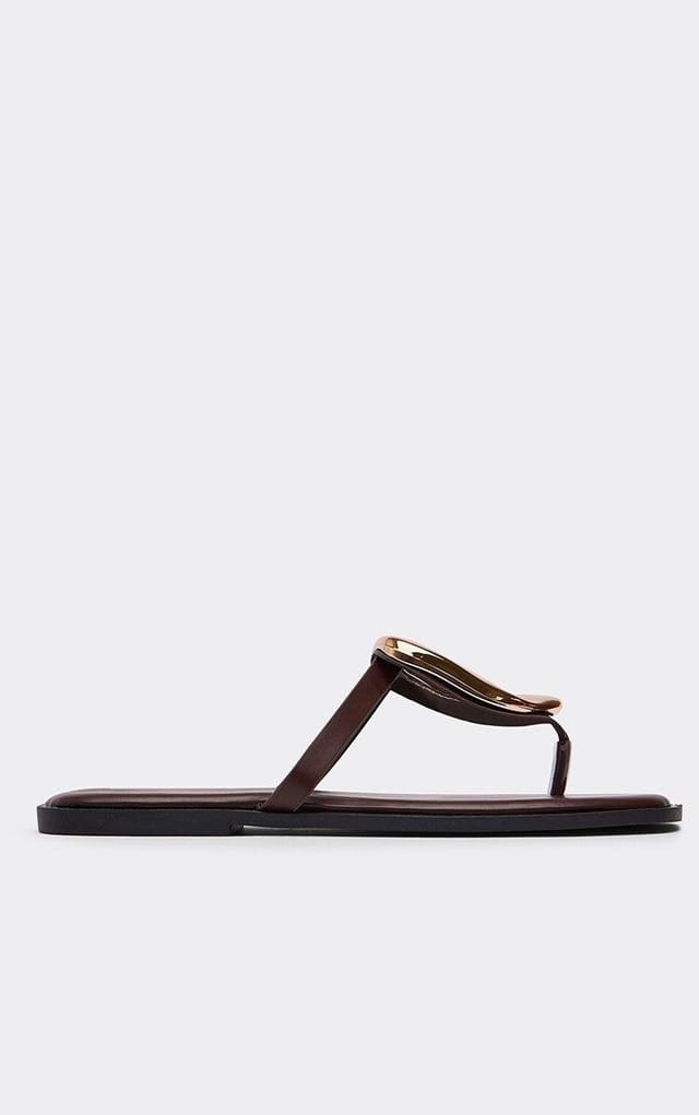 EGO Dreamer Ring Detail Thong Strap Flat Slider Sandal In Brown Faux Leather, Women's Size UK 3 - 2