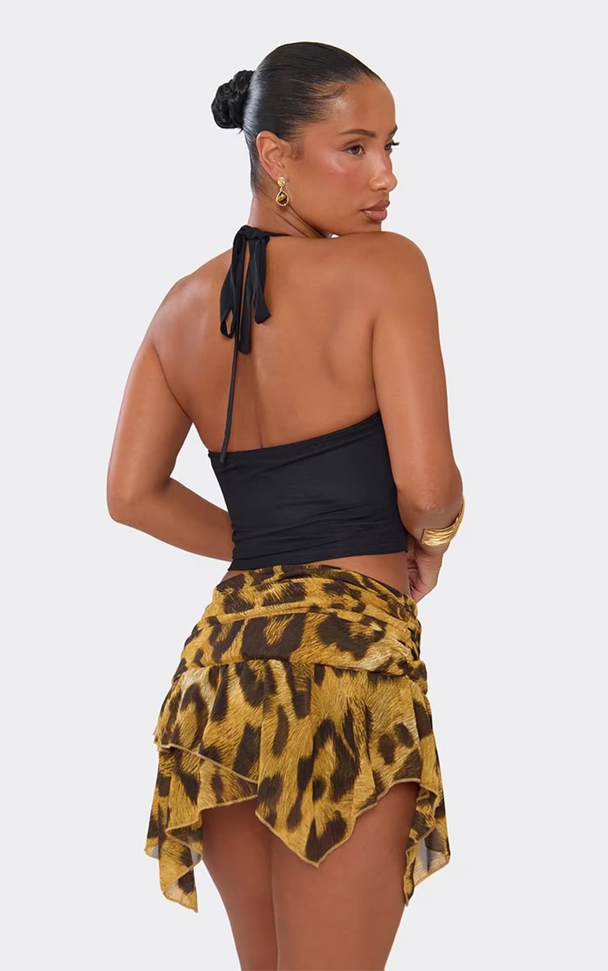 EGO Low Rise Layered Ruffle Mini Skirt In Brown Leopard Print, Women's Size UK 6