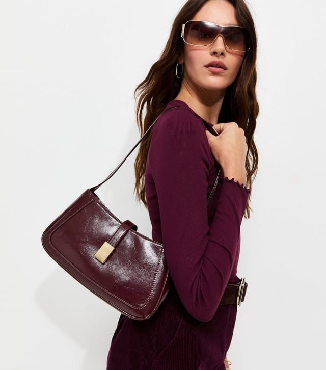 New Look Dark Burgundy Faux Leather Clip Detail Shoulder Bag Vegan New Look - 2
