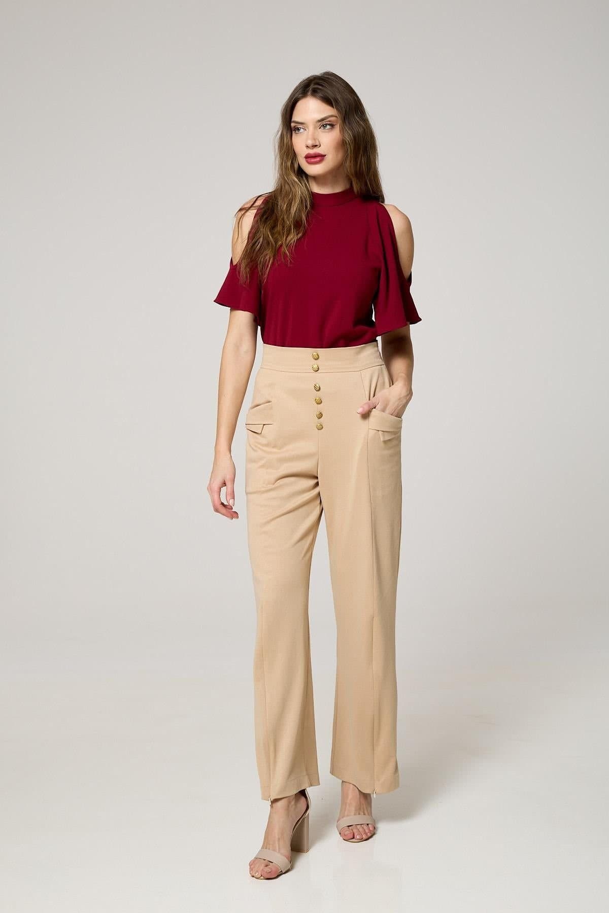 K-Win London K-Win London Cream High-Waist Wide Leg Trousers