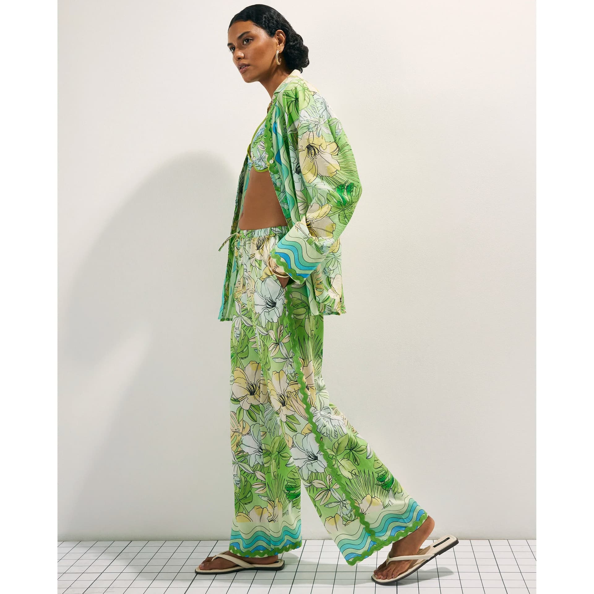 River Island River Island Womens Green Cotton Tropicana Wide Leg Trousers