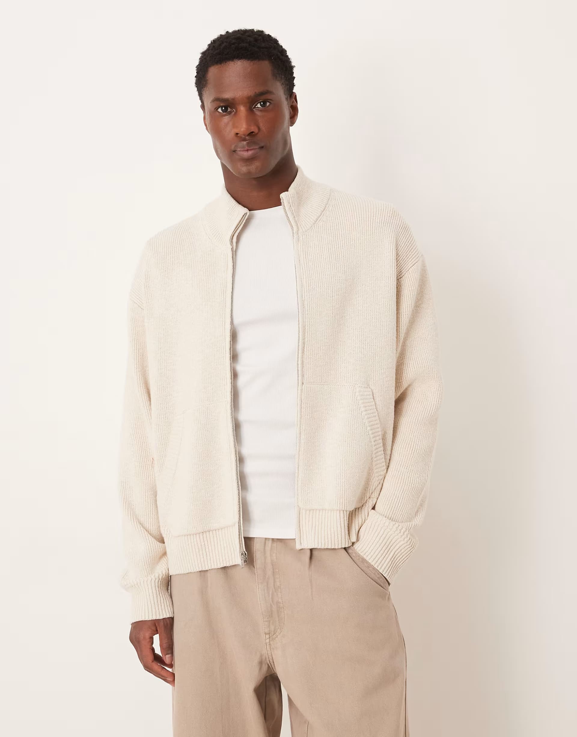 ASOS Abercrombie & Fitch heavyweight high neck zip through cardigan in cream