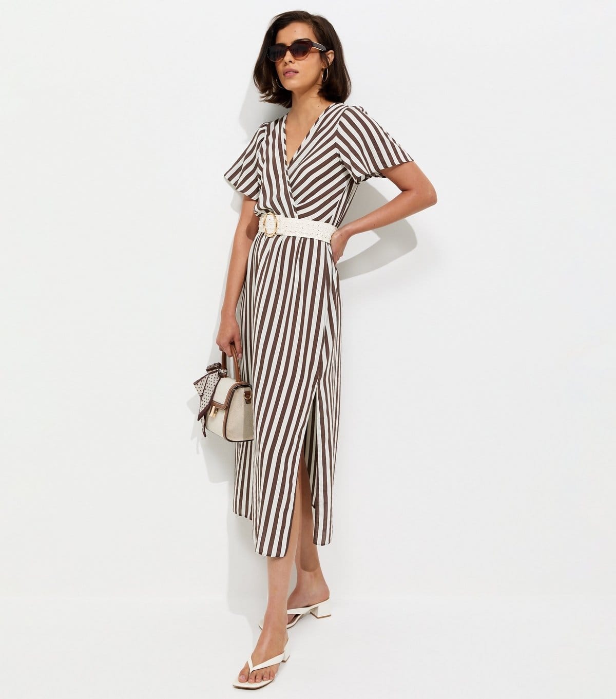 New Look Brown Striped Wrap Midi Dress