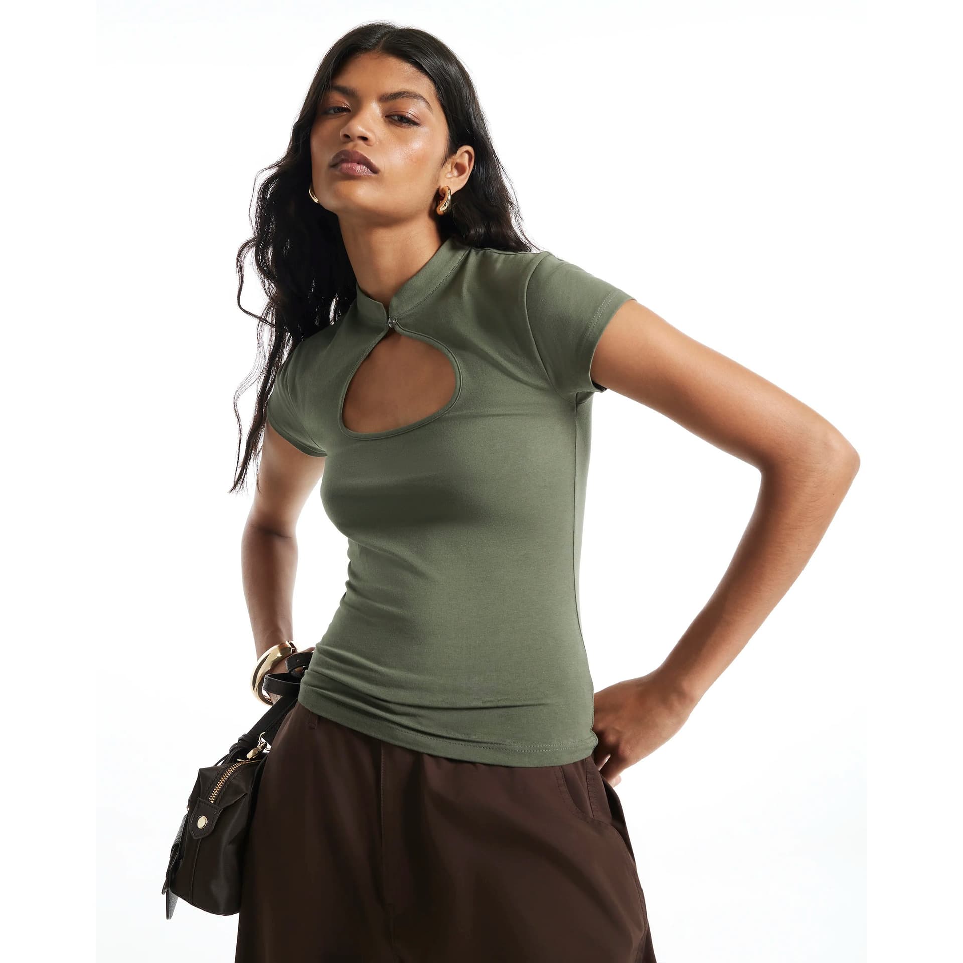 River Island River Island Womens Khaki Cut Out Short Sleeves T-Shirt