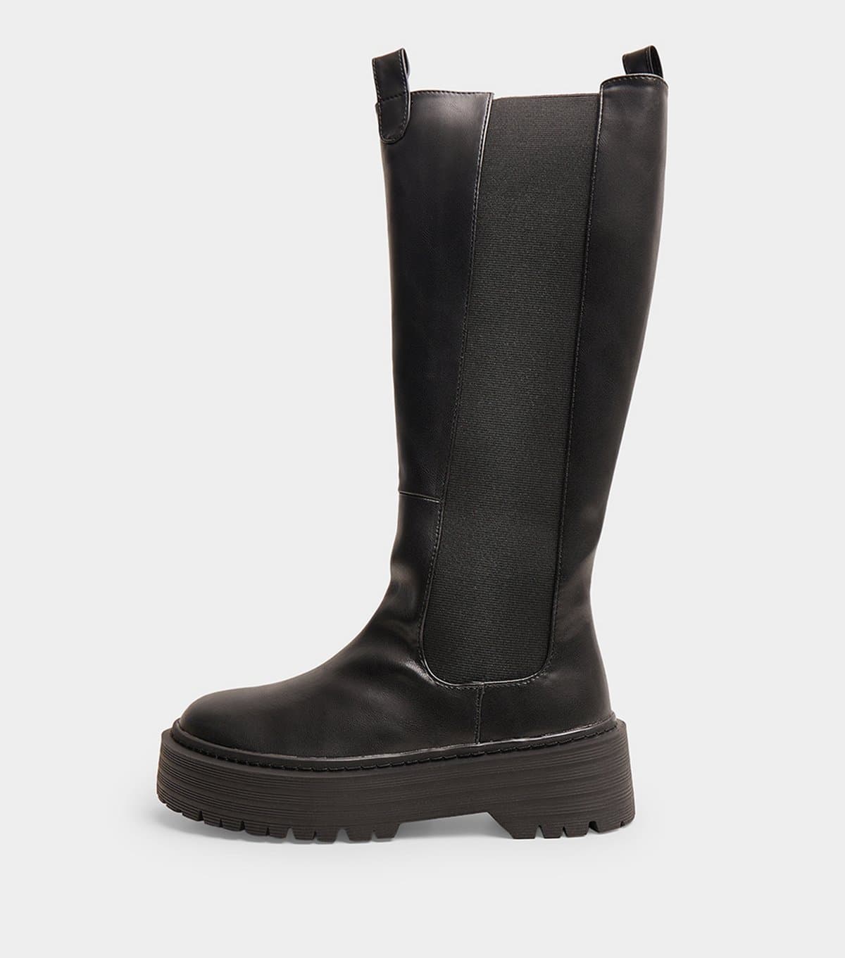 Public Desire Women's Black Faux Leather Andi Knee High Chunky Sole Boots Public Desire New Look