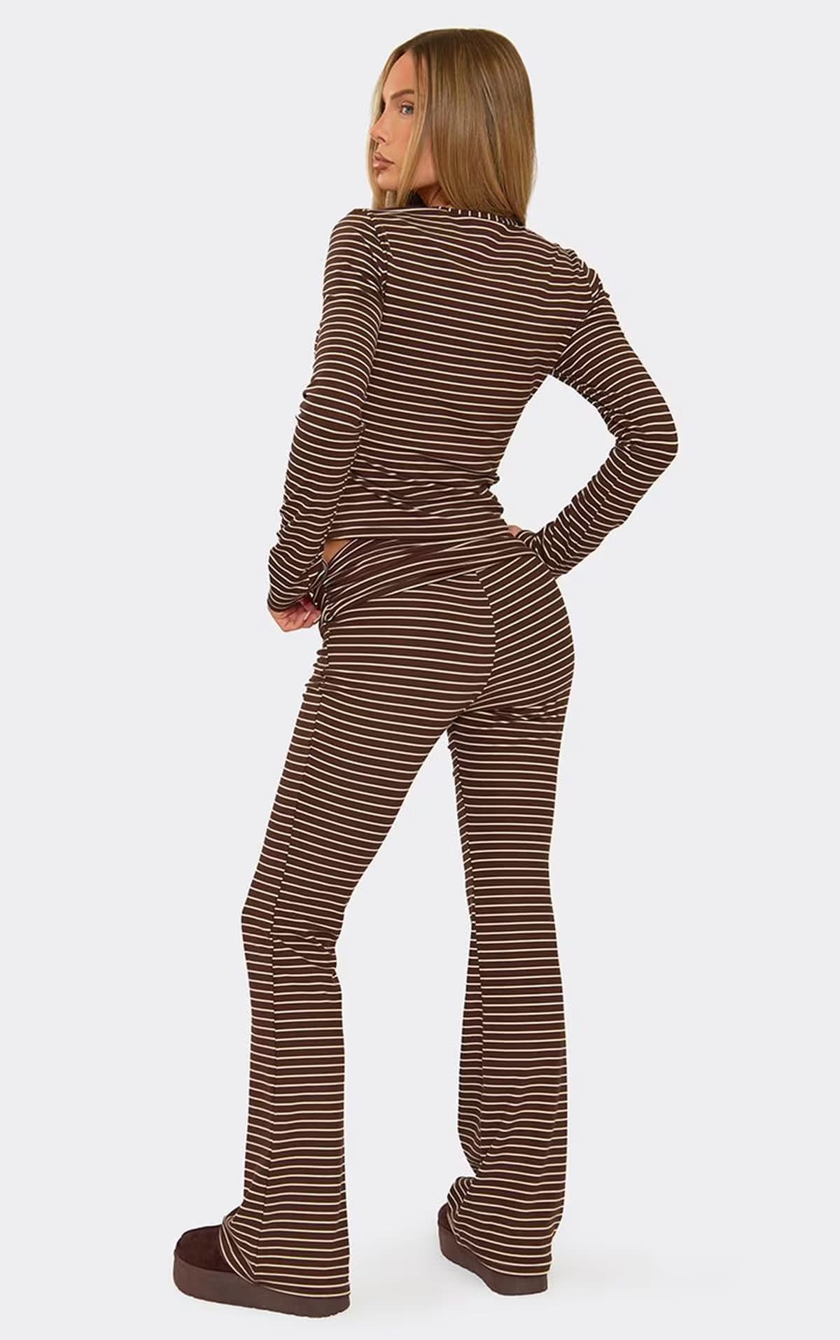 EGO Mid Rise Straight Leg Joggers In Brown And Cream Soft Stripe Fleece, Women's Size UK 6