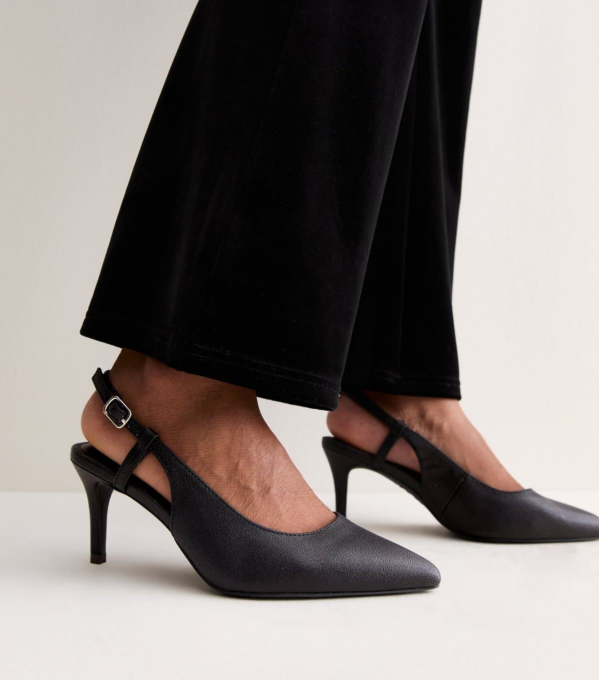 New Look Women's Wide Fit Black Shimmer Slingback Stiletto Heels Vegan New Look