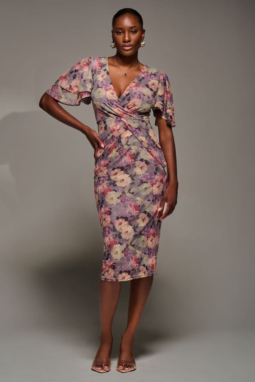 Jolie Moi Jolie Moi Women's Print Mesh Angel Sleeve Bodycon Midi Dress in Purple - 1