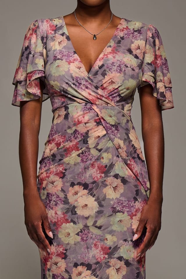 Jolie Moi Jolie Moi Women's Print Mesh Angel Sleeve Bodycon Midi Dress in Purple - 3