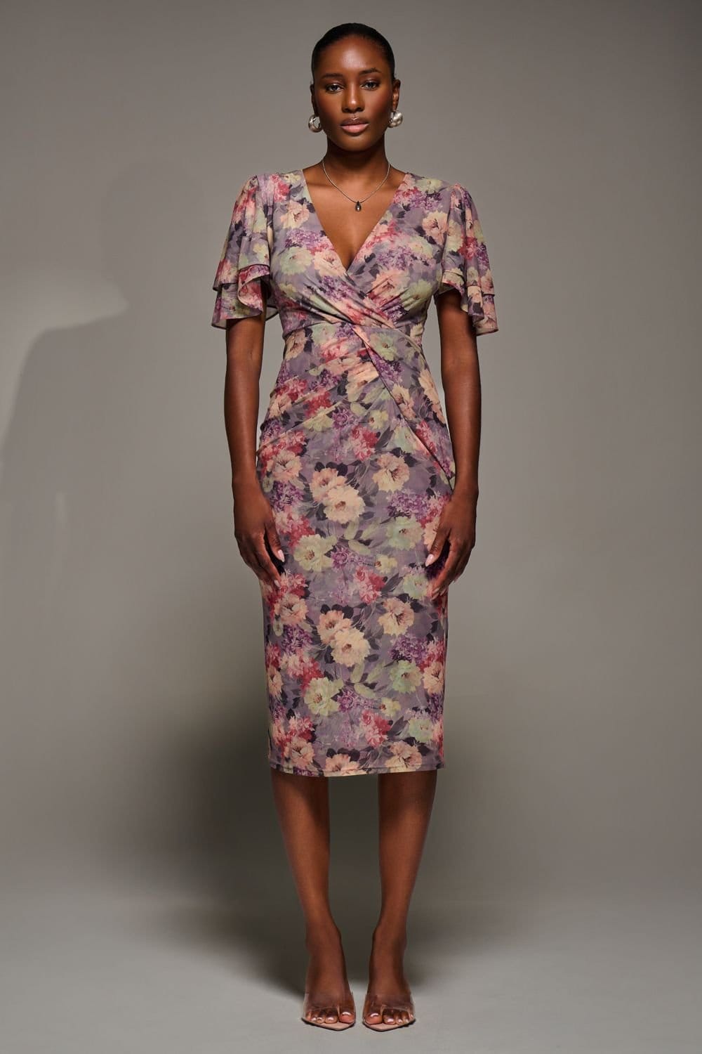 Jolie Moi Jolie Moi Women's Print Mesh Angel Sleeve Bodycon Midi Dress in Purple - 4