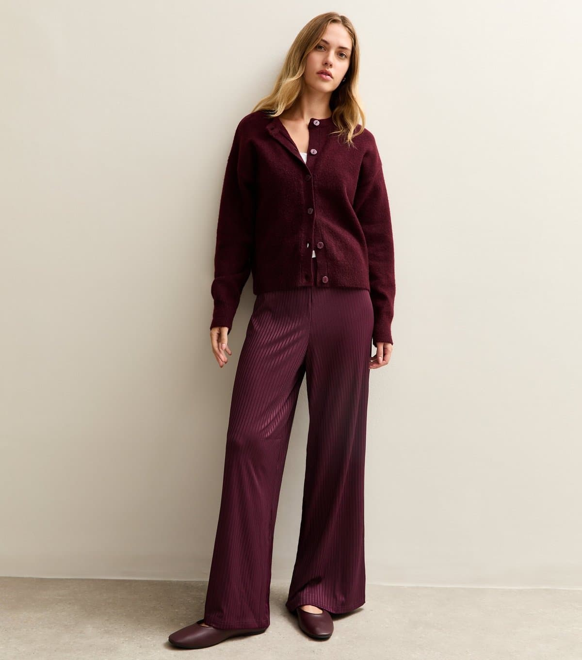 New Look Women's Dark Burgundy Ribbed Wide Leg Trousers New Look