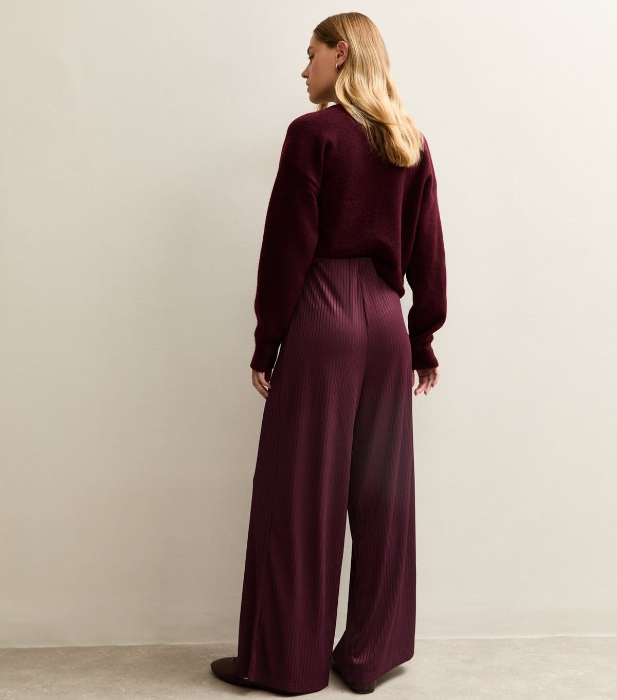 New Look Women's Dark Burgundy Ribbed Wide Leg Trousers New Look - 4