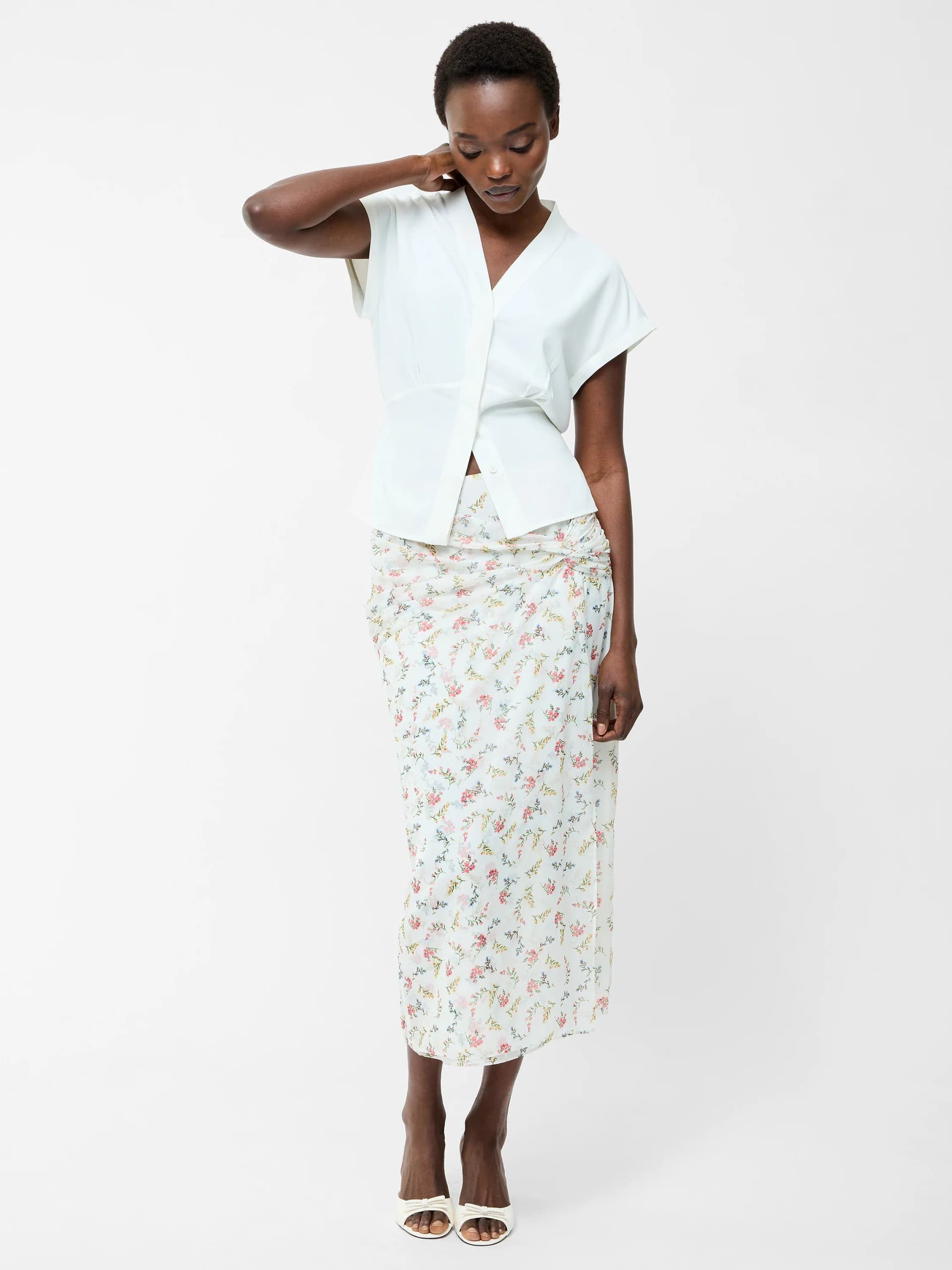 French Connection Floriana Crinkle Midi Skirt Summer White Multi