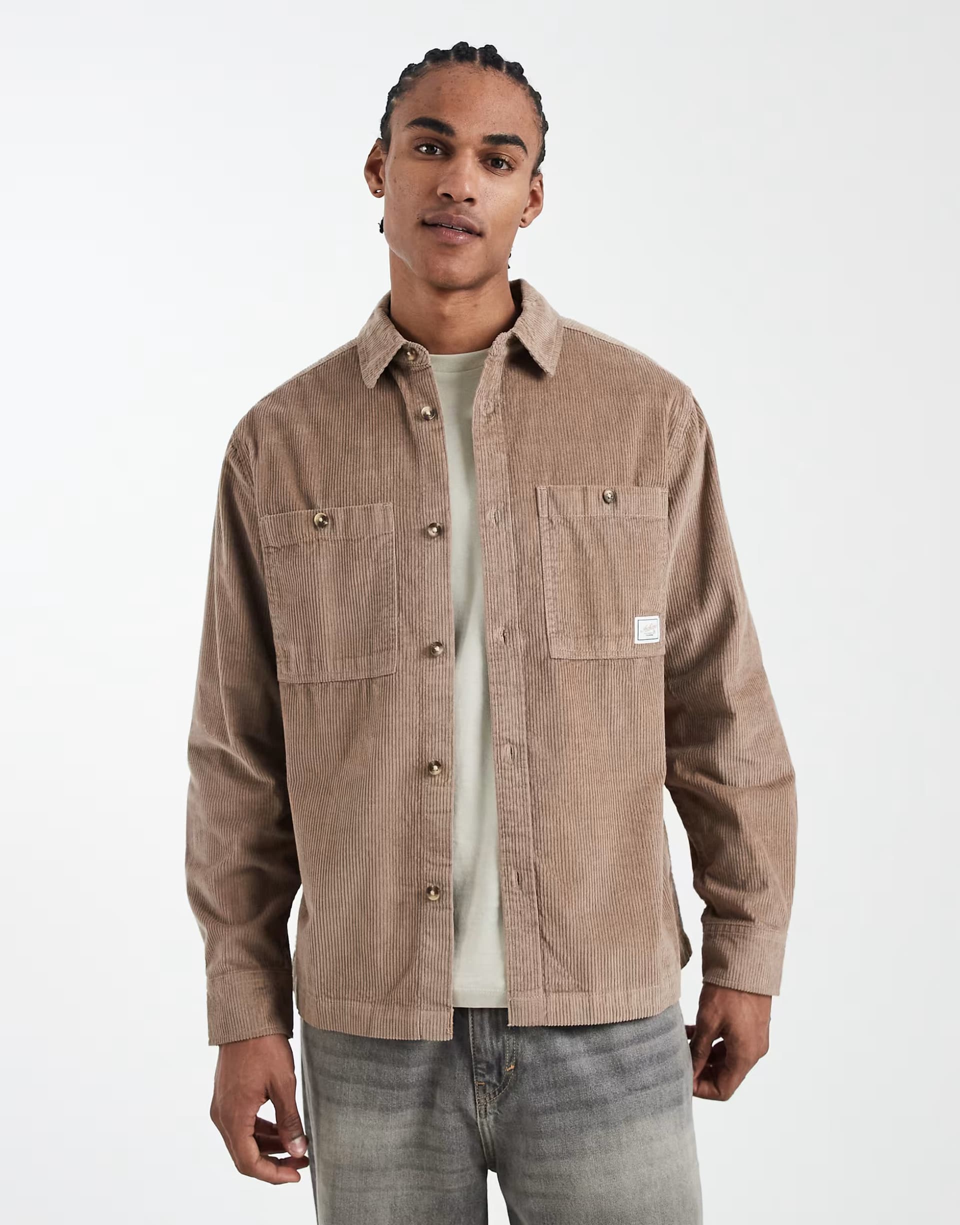 ASOS ASOS DESIGN cord overshirt with badge in beige