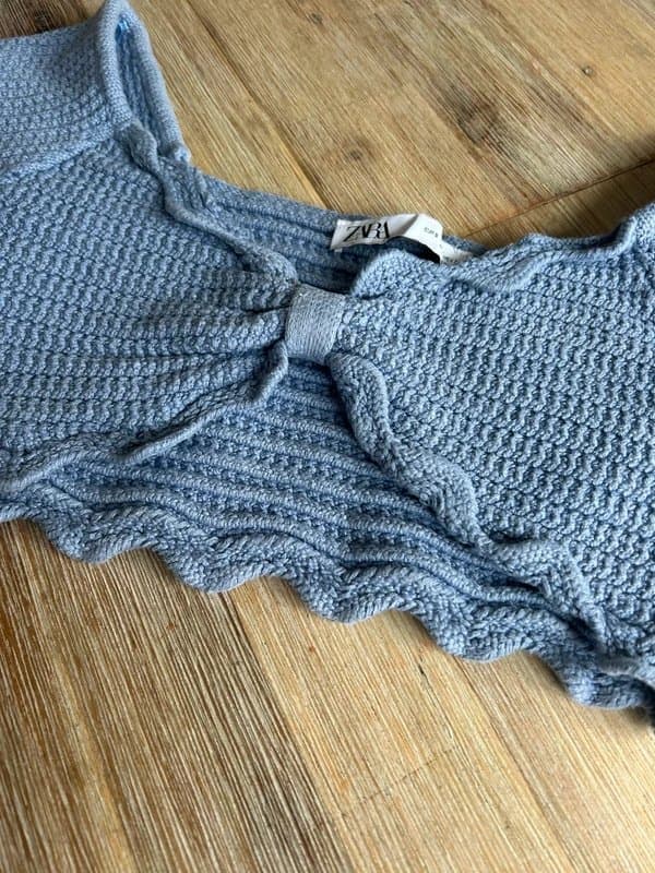 Zara 🖤 ZARA Grey Blue Crochet Knit Ruffle Crop Top – Boho Festival Summer Bralette Style 🖤