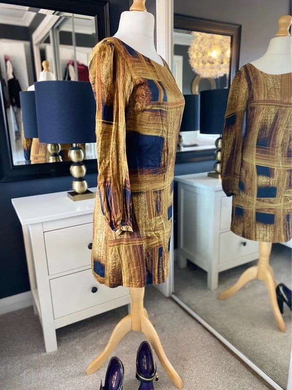 BIBA Mustard Graphic Print Silk Dress UK10