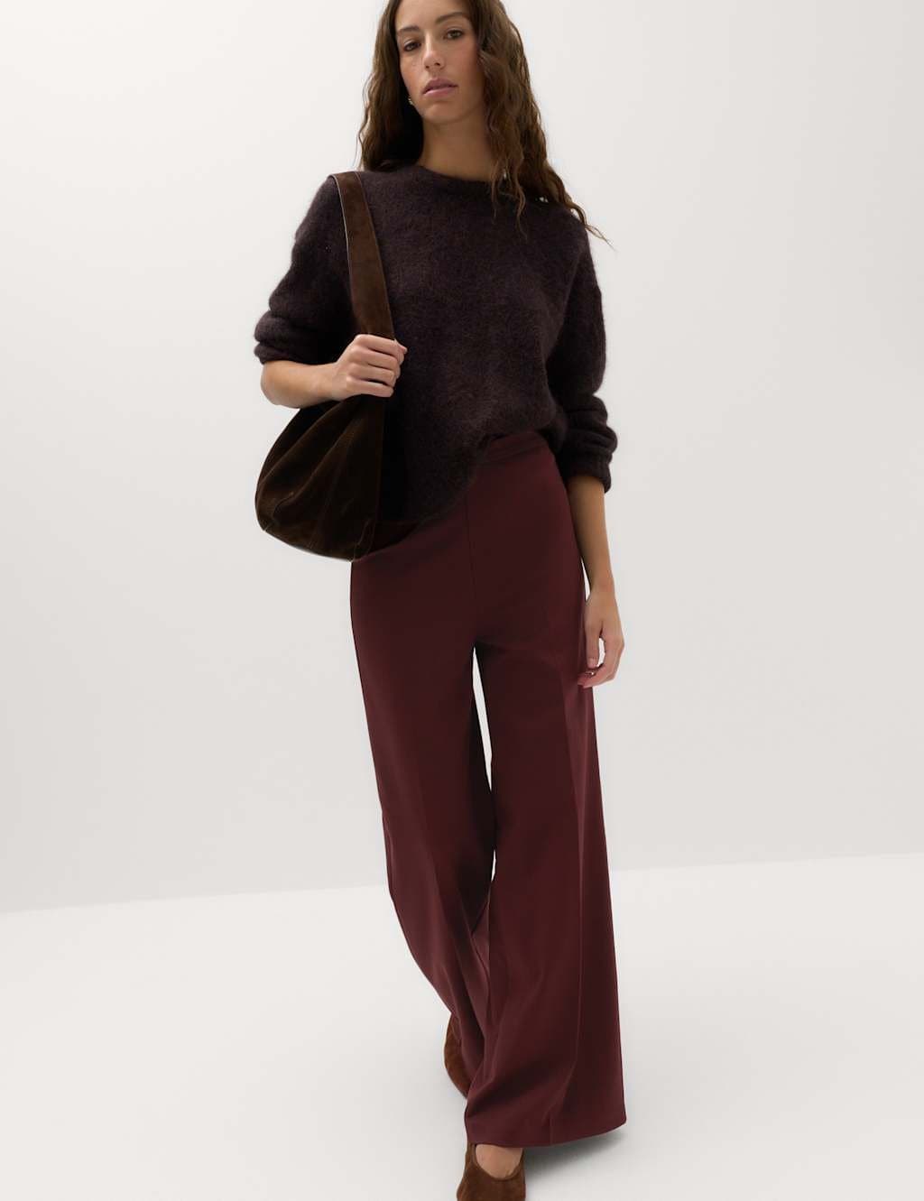 Marks & Spencer M&S Jersey Wide Leg Trousers with Stretch Wine